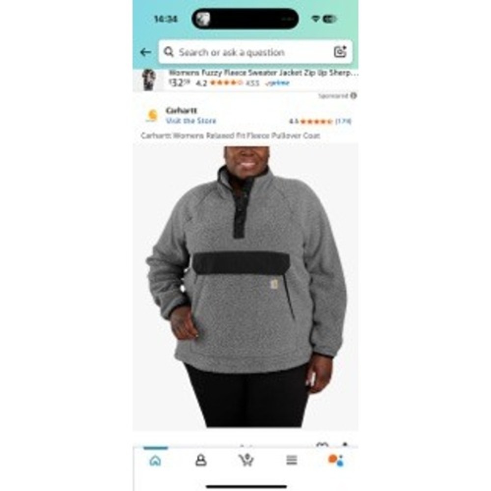 Carhartt Women's Pullover Fleece Sweater, Gray Sherpa, Snap Button, Pocket